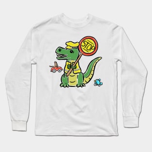 Lollypop Person Crossing Guard Tyrannosaurus Dinosaur Dino Cartoon Cute Character Long Sleeve T-Shirt